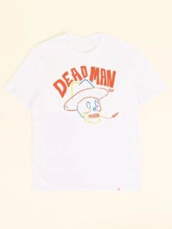 CAMISETA UNISEX BLANCA DEAD MAN 9 CAMISETA UNISEX BLANCA DEAD MAN -Capitan Denim camiseta blanca unisex de manga corta cuello redondo sostenible de algodon organico comoda para verano ilustrada cowboy