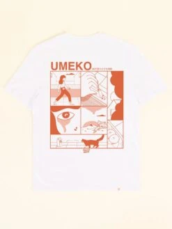CAMISETA UNISEX BLANCA UMEKO 11 CAMISETA UNISEX BLANCA UMEKO -Capitan Denim camiseta blanca unisex de manga corta cuello redondo sostenible de algodon organico comoda para verano ilustrada divertida